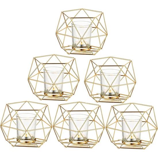 Theelichthouder, kaarsenhouder, metaal, goud, set van 6 geometrische theelichtjes, kaarsenstandaard, stompkaars, windlicht, modern, geo-decoratie voor tafeldecoratie, feest, bruiloft, woonkamer, Kerstmis