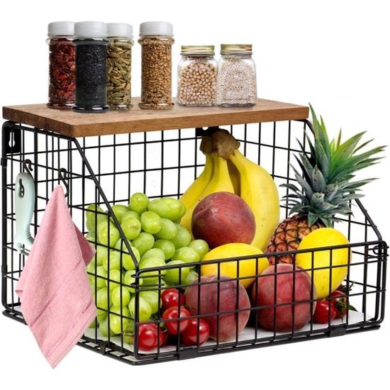 Hangende fruitmand, keukenorganizer, fruitschaal, hangmand, keuken, muurfruitmand met houten deksel, fruit- en groentemand voor op het aanrecht, uien- en aardappelsnackbroodhouder (30 x 30 x 21,5 cm)