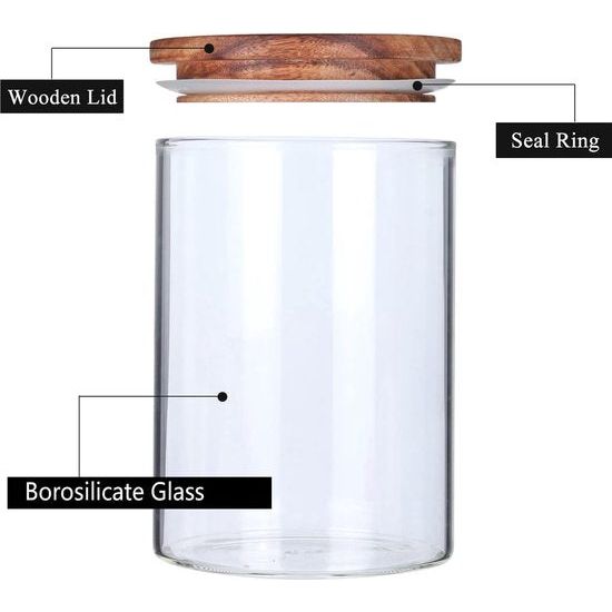 Glazen pot met houten deksel, luchtdichte voorraadpotten, hoogwaardige borosilicaatglas, voorraaddoos, bewaarpot voor spaghetti, muesli, meel, koffie, thee, 1450 ml