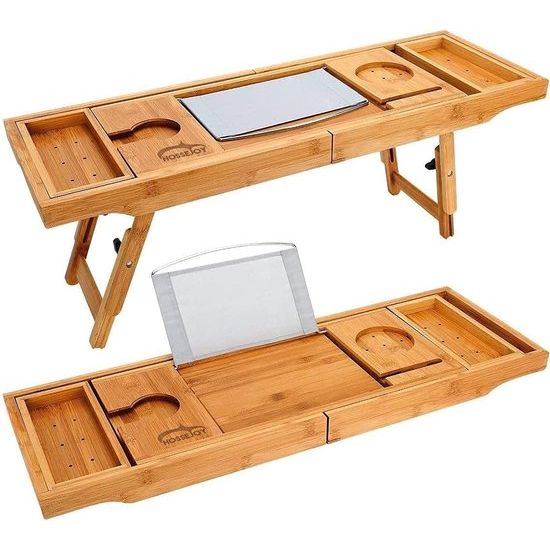 Bad-caddy & laptopbed bureau - 2-in-1, badkuip tablet standaard geïntegreerd voor boeken van tablets, badkamer en organizer met smartphone en wijnglashouder en tablethouder