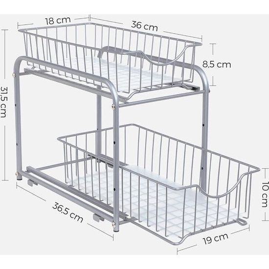 Keukenorganizer Keukenplankorganizer 2 lagen Stapelbaar Uitbreidbaar met metalen manden voor keuken Badkamer Metallic zilver KCS017E01