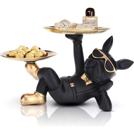 Bulldog Dienblad Decoratieve Franse Bulldog Decoratieve Dierensculptuur Hondensculptuur Hars Decoratieve Sculptuur Desktopornament 23,5 x 20 x 20 cm (zwart)