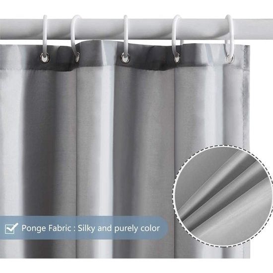180x180 douchegordijn, schimmelwerend in badkamergordijn voor badkuip, douche, textielgordijnen van stof, waterdicht, wasbaar, met 12 douchegordijnringen, grijs.