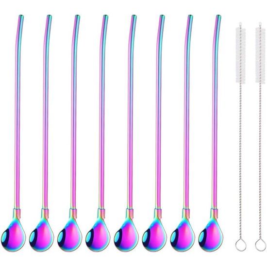 8 stuks herbruikbare roestvrijstalen rietjeslepels met 2 reinigingsborstels, rietlepels regenboog, cocktail, latte, macchiato-lepel, dun en lange steel, 21,5 cm, voor langdrink ijskoffie