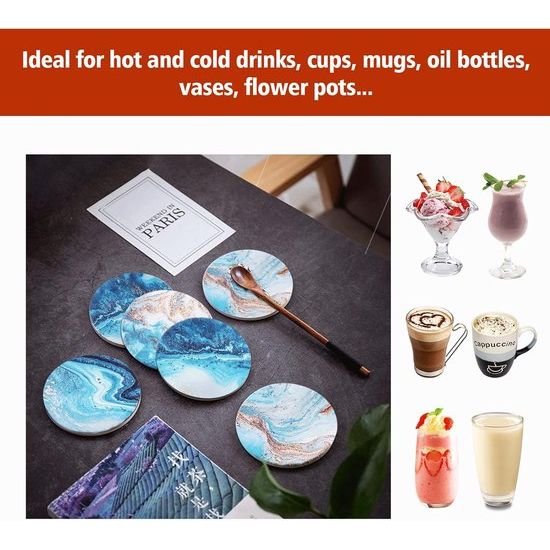 6 Pieces Round Absorbent Ceramic Coasters with Holder, Cork Base, Drink Coasters, Non-Slip Drink Coasters, Marble Theme for Housewarming, Kitchen, Room, Bar, Decoration