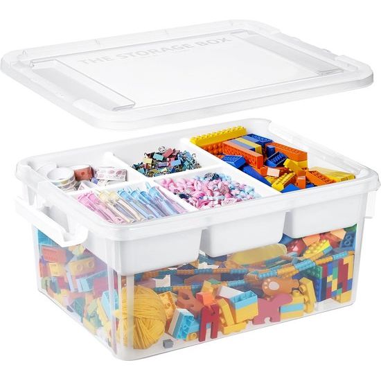 Opbergdozen met deksel voor bouwstenen, gereedschap, handwerk, kleurpotloden, stapelbare kisten, speelgoed, opbergdoos van kunststof met afneembaar dienblad, knutselopbergdoos