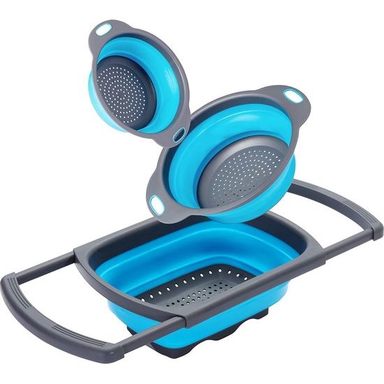 3 stuks opvouwbare siliconen zeef, afdruipzeef, 3 maten - antislip, ruimtebesparend en BPA-vrij - camper, outdoor en reizen