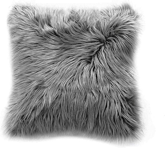 Schapenvacht Kussen - Imitatiebont Lamsvacht, Schapenvel Imitatievacht - Kunstbont Slaapkamer Woonkamer - Wasbaar Bont, Decoratiebont - Donkergrijs - 43 x 43 cm Kussen