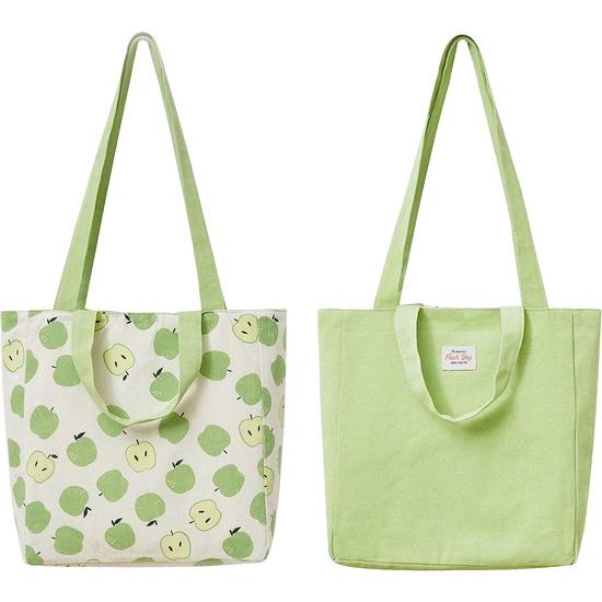 Dubbelzijdige linnen tas van katoen en linnen, stoffen tas, boodschappentas, katoenen schouderriem, dubbele draaggreep, canvas, messenger bag voor dames, kinderen (groene appels, 31 x 10 x 31 cm)