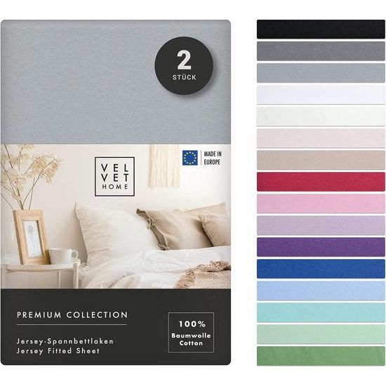 Dubbelpak hoeslakens, 120 x 200 cm, 100% gekamd katoen, 165 gsm, set van 2 lakens 120 x 200 voor matrashoogte tot 25 cm, Jersey, Premium, lichtgrijs, 120 x 200 cm + 30