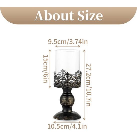 Kandelaar set vintage Distressed Black Hurricane kandelaar 2 stuks, kandelaar voor stompkaars, kaarsenhouder, bruiloftsfeest, woondecoratie, open haard, mantel, decoratie, 27 cm