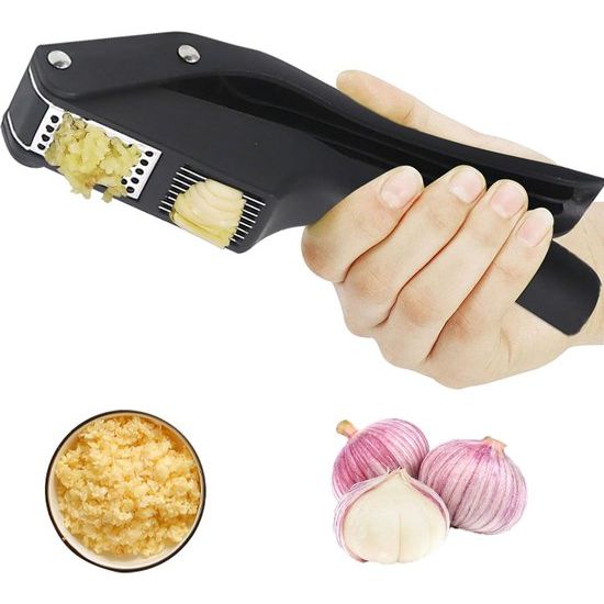 Knoflookpers, 2 in 1 Knoflookpers, Gemberbreker, Premium Knoflookmolen voor Knoflookpuree en Knoflookvlokken - Gemakkelijk schoon te maken en Duurzaam - Zwart