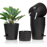 Bloempot, kunststof, met irrigatiesysteem, set van 6, zelfbewatering, met onderzetter, ronde plantenpot voor binnen en balkon, tuin, planten, vetplanten, cactussen, zwart