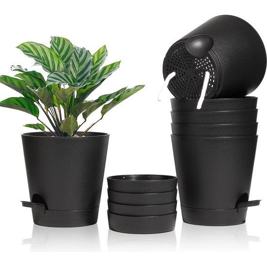 Bloempot, kunststof, met irrigatiesysteem, set van 6, zelfbewatering, met onderzetter, ronde plantenpot voor binnen en balkon, tuin, planten, vetplanten, cactussen, zwart
