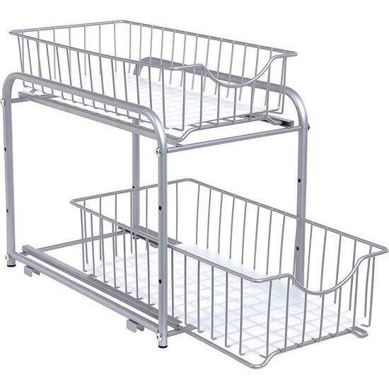 Organizer voor keuken, 2 uittrekbare laden voor kasten, stapelbare lade-organizer, voor keuken, badkamer, zilver