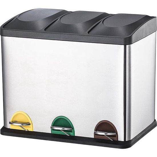 Vuilnisbak keuken, pedaalemmer van metaal, 3 vakken, afvalscheiding, afvalscheidingssysteem, eenvoudig te reinigen, staal, -24 liter, zilver