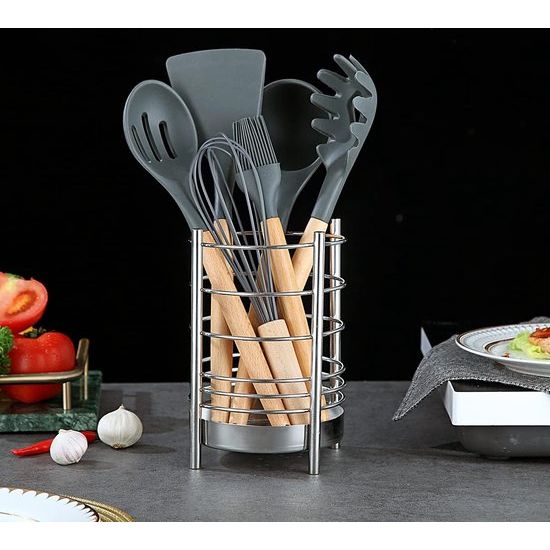 Keukengereihouder voor keukenaanrecht, roestvrij stalen gebruiksvoorwerpen, opberg-caddy-organizer, kookgereihouder, keukengerei, eenvoudige reiniging (zilver