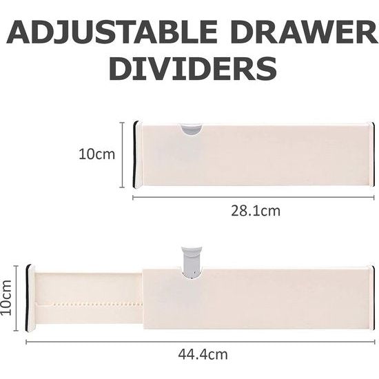 Ladeverdelers, verstelbare ladeverdelers, set van 4 afscheiders voor kledingopslag, gemaakt van gaas, ladekast, badkamer, keukenopslag, kast, kantoor, wit, 28,1 - 44,4 cm