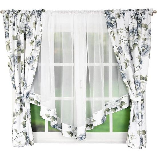 Gordijnset met trekkoord, 400 x 160 cm, voile, woonkamer, slaapkamer, kinderkamer, decoratieve raamgordijnen, set met gordijnen, vitrage, plooiband, lichtgrijs bloemen