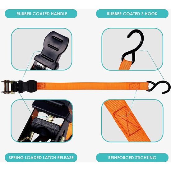 Spanbanden met ratel, haken en rubberen handgrepen, spanband, 4 m lang en 25 mm breed, 500 kg breukvastheid, robuuste sjorbanden met ratel voor het vastzetten van vracht en motorfietsen