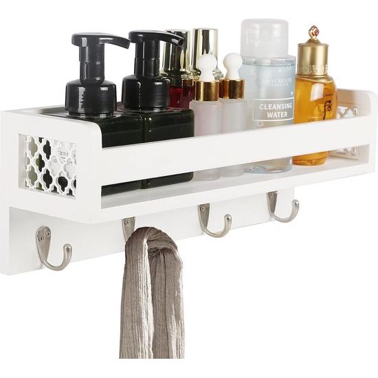 Houten wandrek voor organizer, keuken, kruidenrek, wandrek met 4 haken voor sleutelplank, opbergruimte, badkamer, boekenkast van hout voor slaapkamer, wanddecoratie, kantoor en huishouden. (wit)