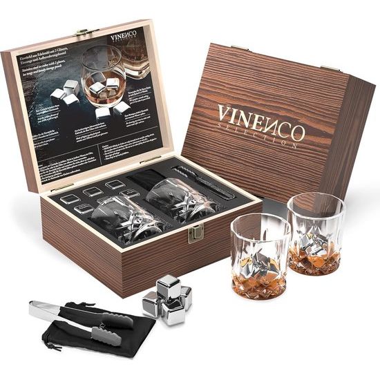 Whiskystenen set - 6 herbruikbare roestvrij stalen ijsblokjes + 2 glazen, tang | Whiskey Ice Cubes metalen koelstenen bar accessoires cocktailrocks gin stenen decoratieaccessoires cadeau whiskystenen