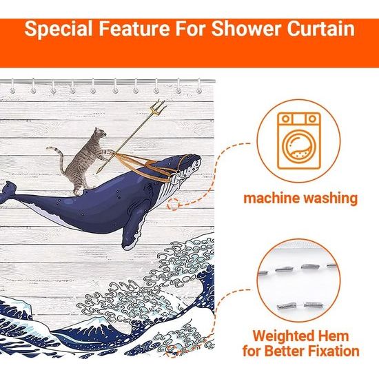 Shower Curtain, 120 x 200 cm, Cats and Dolphins, Weighted Hem, Anti-Mould Textile, Water-Repellent, Washable Polyester Bath Curtains with 8 Eyelets and Shower Curtain Rings for Bathroom,