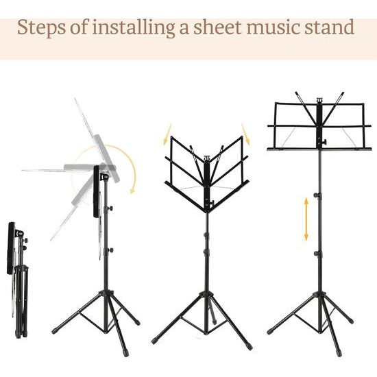 hoogte verstelbare muziekstandaard, draagbare inklapbare metalen standaard met draagtas, lichtgewicht voor opbergen of reizen, zwart