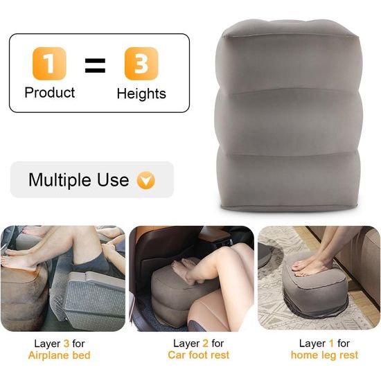 Voetsteun vliegtuig, opblaasbaar voetsteunkussen voor reisauto & thuis & kantoor, in hoogte verstelbaar Flyaway kinderbed, voor slapen op lange vluchten voor kinderen (grijs, 1 stuk)
