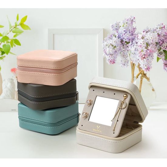 Sieradendoosje voor irritant, kleine juwelendoosje voor dames, reissieradenopslag met spiegel, PU-leeg, sieradenetui, sieradendoos voor ringen, armbanden, oorbellen, halskettingen, cadeau (rose)