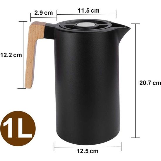 Thermosfles, 1 liter, RVS 304, vacuüm koffiepot met houten handvat, RVS dubbelwandige isoleerkan (sneldruksluiting, 12 uur warm, 24 uur koud)