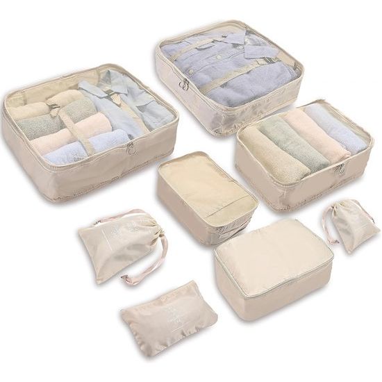 Set van 8 kofferorganizers Beige - met make-uptasje - inpaktassen - inpakblokjes - reisorganizer en kledingtassen voor op reis