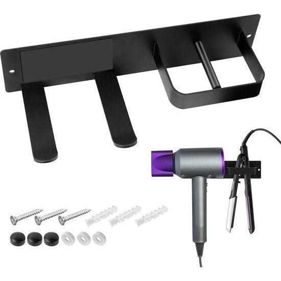 Föhnhouder Muur zonder boren, 2 in 1 Föhn- en Stijltanghouder voor Badkamer, RVS Föhnhouder voor Hotelbadkamer Slaapkamer, Wandhouder voor Föhn (Zwart)