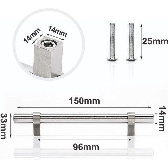 Meubelgrepen, kastgrepen, veilige stalen handgrepen, meubelgrepen, keukengrepen, geborstelde deurgrepen voor keukenkasten, 14 x 14 mm, zilver (96 mm)