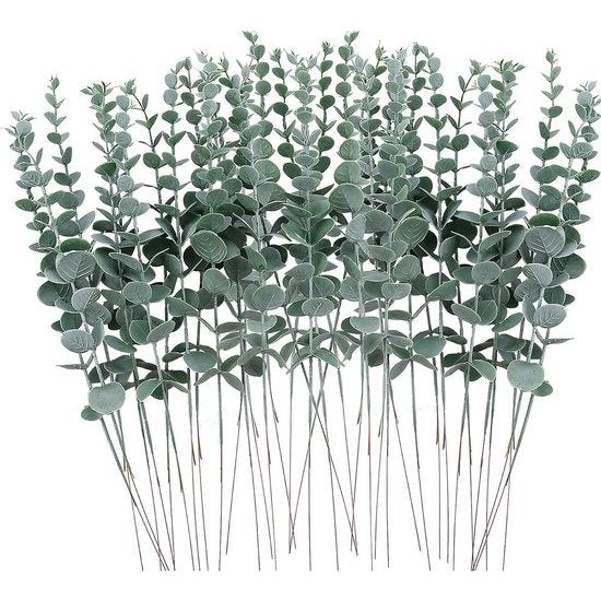 Pakket van 36 kunstmatige eucalyptus takken met bladeren, decoratieve kunstplanten en kunstmatige eucalyptus stengel in grijs groen voor bruiloften, feesten en huisdecoratie accessoires.