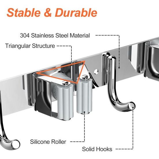 Bezemhouder, wandboren, zelfklevend, roestvrij staal, wandhouder, metaal, met 4 houders en 5 haken, bezemhouder, tuingereedschaphouder voor keuken, kasten, badkamer, garage, tuin