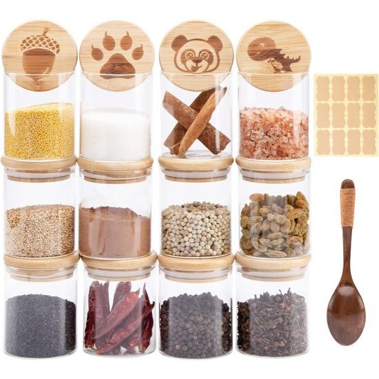 250 ml voorraadpotten, glazen voorraadpotten, set met deksel, 12 stuks, gegraveerde siliconen verzegelde glazen deksels, glazen container, borosilicaatglas met luchtdichte dichtheid opbergdoos, keuken, glas, kruidenpotjes