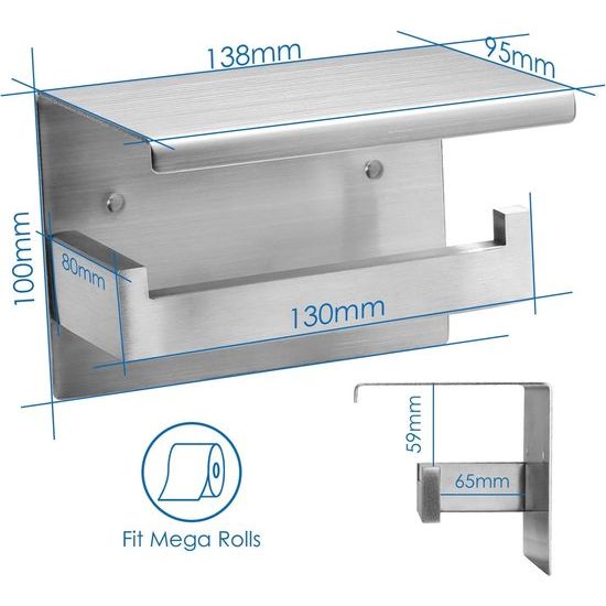 Toiletrolhouder met plankje, roestvrij staal, voor aan de muur, zelfklevend, je hoeft niet te boren, voor badkamer, toilet, keuken, zilverkleurig