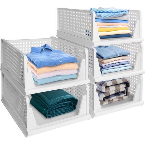 SWAWIS Stackable Wardrobe Storage Box, Stackable Foldable Wardrobe, Plastic Foldable Storage Boxes Drawer, Wardrobe Organiser Shelf for Bedroom, Kitchen, Bathroom, Pack of 5