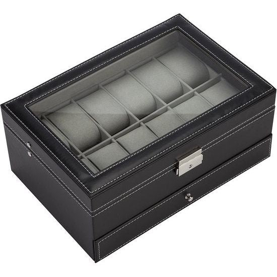 Horlogekist met extra lade, voor 12 horloges, PU-leer, met glazen deksel