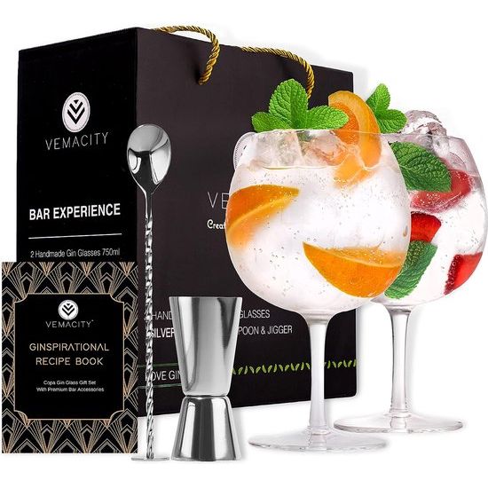 Gin Tonic glazenset voor gin-liefhebbers, 2 x handgemaakte gin-glazen, gratis e-book met recept, zilveren barlepel, dubbele maatbeker en grote gin-tonic glas, cocktailglazen, gin-glasset