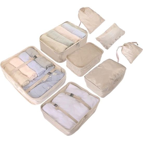 Set van 8 kofferorganizers Beige - met make-uptasje - inpaktassen - inpakblokjes - reisorganizer en kledingtassen voor op reis