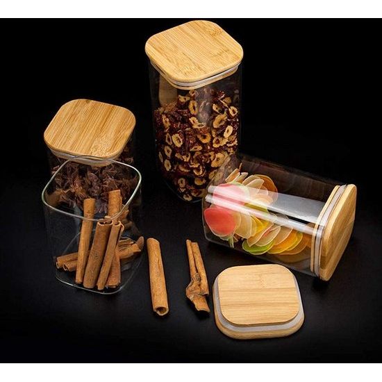 Vierkante voorraadpotten van 750 ml - Set van 3 stapelbare voorraadpotten - Voorraadpotten van borosilicaatglas - Glazen potten Kruidenpotjes met bamboe deksels - Ideaal voor spaghetti, kruiden, snoep