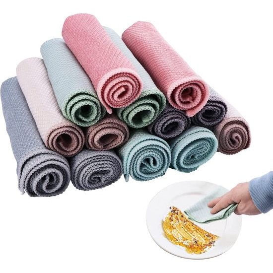 Parthan 13 stuks herbruikbare microvezeldoeken, visschubben, reinigingsdoekjes, reinigingsdoekjes voor keuken, auto, badkamer, 30 x 40 cm en 25 x 25 cm (gemengde kleur)