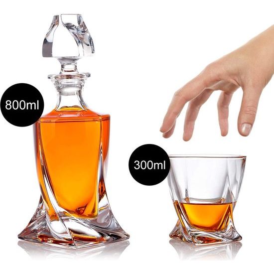 5-delige whiskyset karaf drinkglazen - geschenkset van glas - whiskykaraf 800 ml met 4 whiskyglazen 300 ml voor rum, scotch, cognac - mannencadeau - met geschenkdoos