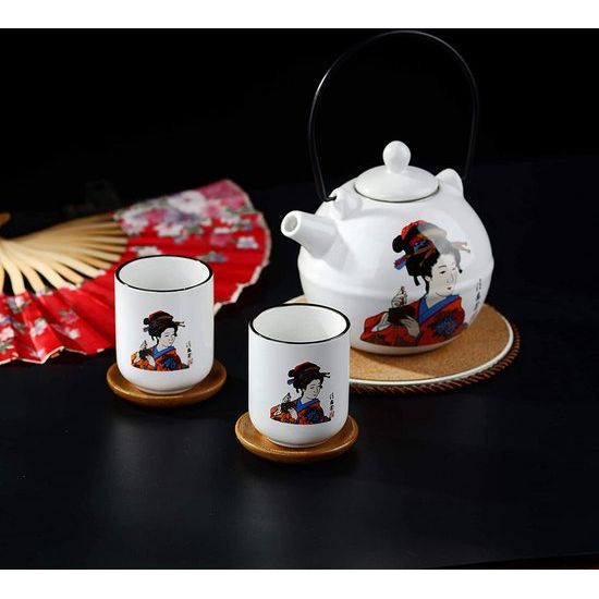 Japanse porseleinen theeset, bevat 1 theepot 700 ml met 2 theekopjes 150 ml en roestvrijstalen theezeef, Kabuki decor