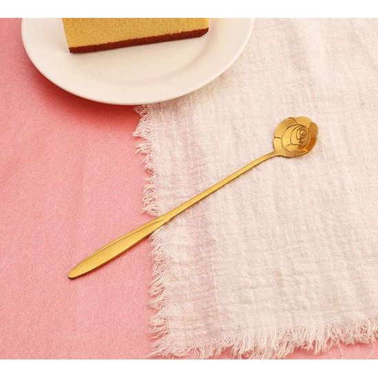 Bloemenlepelset, 8 stuks, roestvrij staal, lepel, goud, theelepel, koffielepels, roos, dessertlepels voor servies, keuken, koffie of bar (lengte 18 cm)