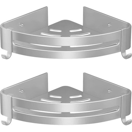 Shower Shelf without Drilling, Pack of 2 Shower Shelves with 2 Hooks for Bathroom, Kitchen, Toilet, Aluminium, Matt Black (2 Silver Corners)