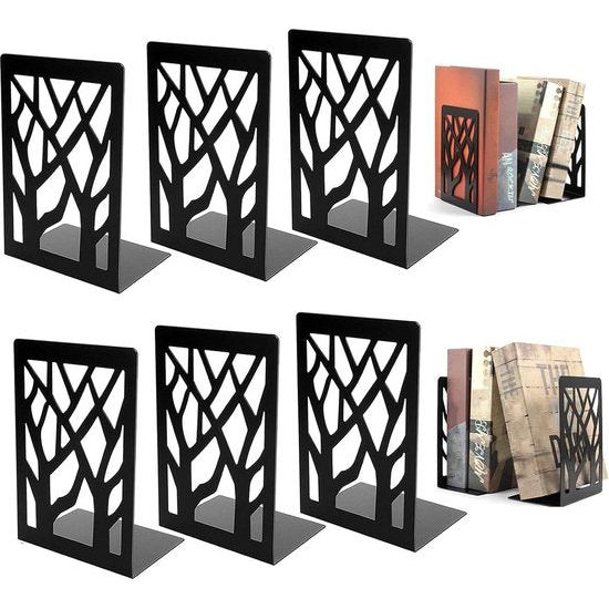 Set of 6 Metal Bookends, Heavy Bookends, Scratch-Resistant and Non-Slip Bookends, Black for Children, Office, Living Room and Study Room, School, Bookstore and Library (17 x 12 cm)
