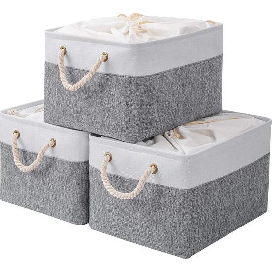 Set van 3 opbergdozen met deksel, 37x26x20cm, stoffen vouwdozen met trekkoordafdekking en 2 handgrepen, stoffen doos, kubussen, wit/grijs, SNK003WGS